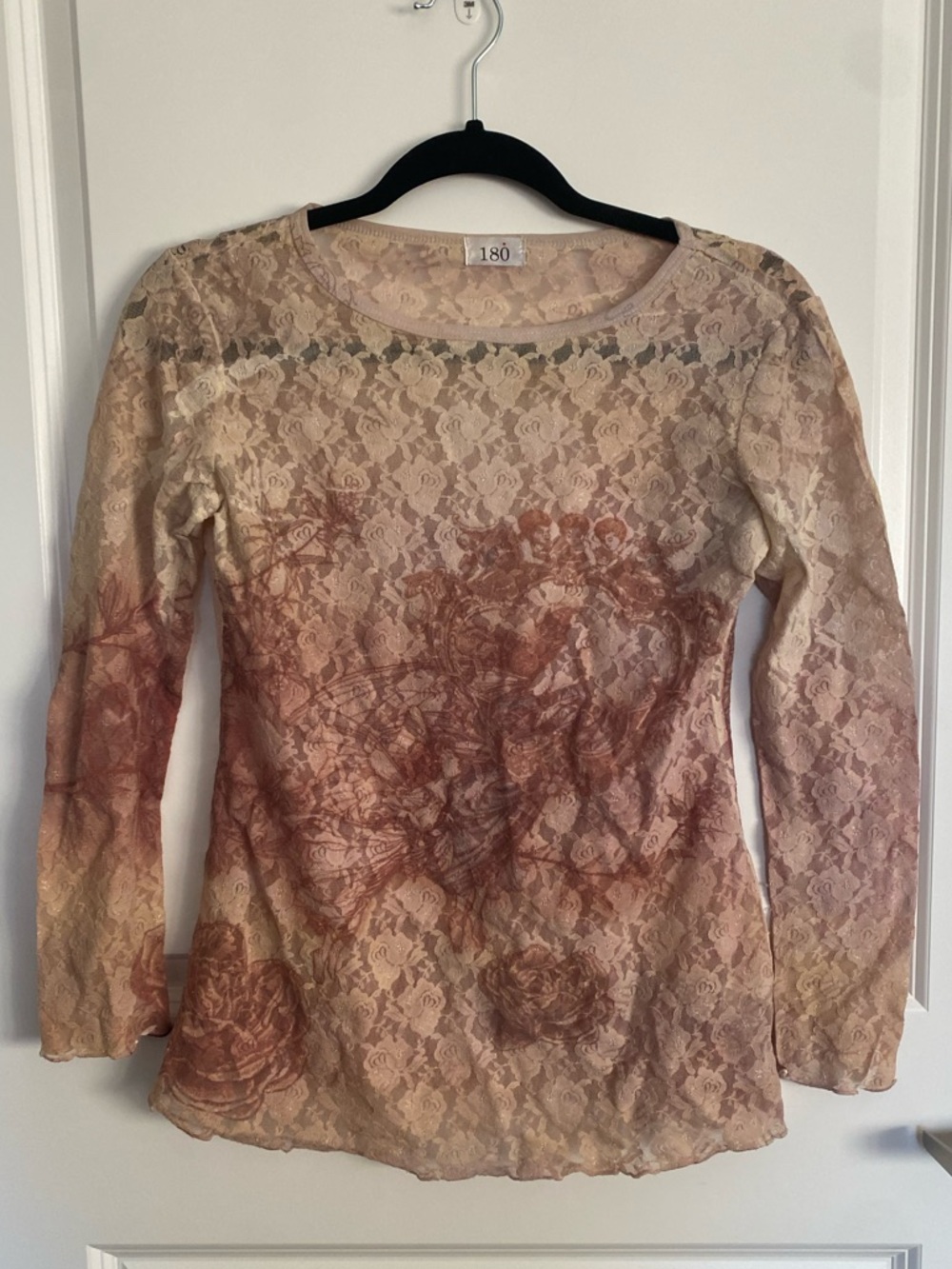 Floral Lace Long-Sleeve Scoop Neck Top in Beige and Rose